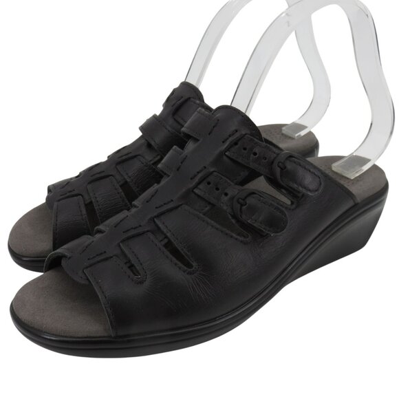SAS Women 9.5 S 267488 Black Leather Slip On Slide Wedge Sandals Buckle Straps - Picture 1 of 15